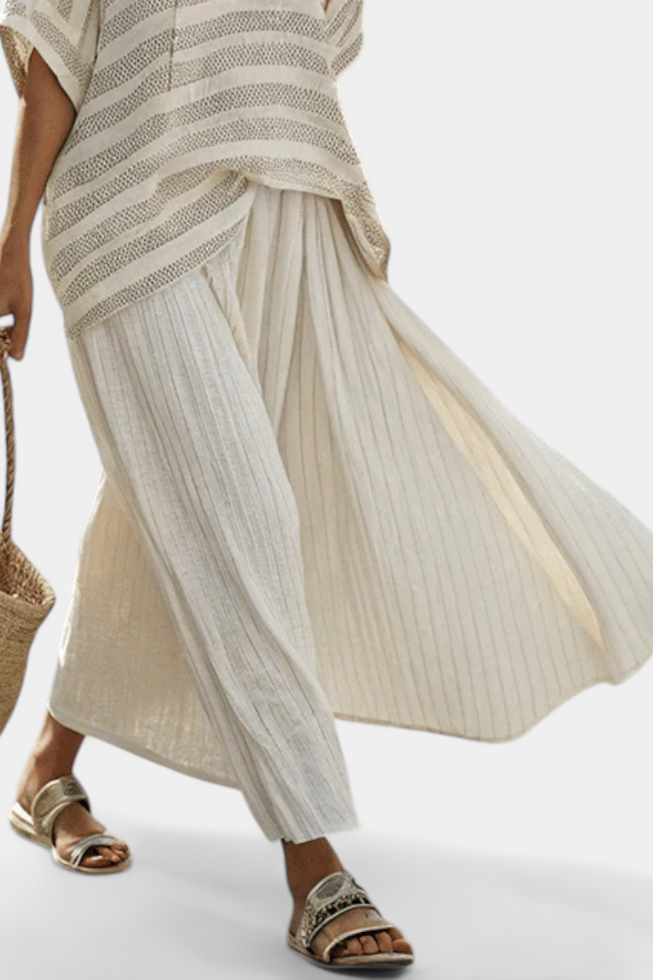 Graziella — Top a righe in bambù naturale e pantaloni fluidi in lino