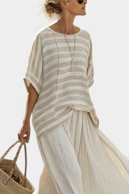 Graziella — Top a righe in bambù naturale e pantaloni fluidi in lino