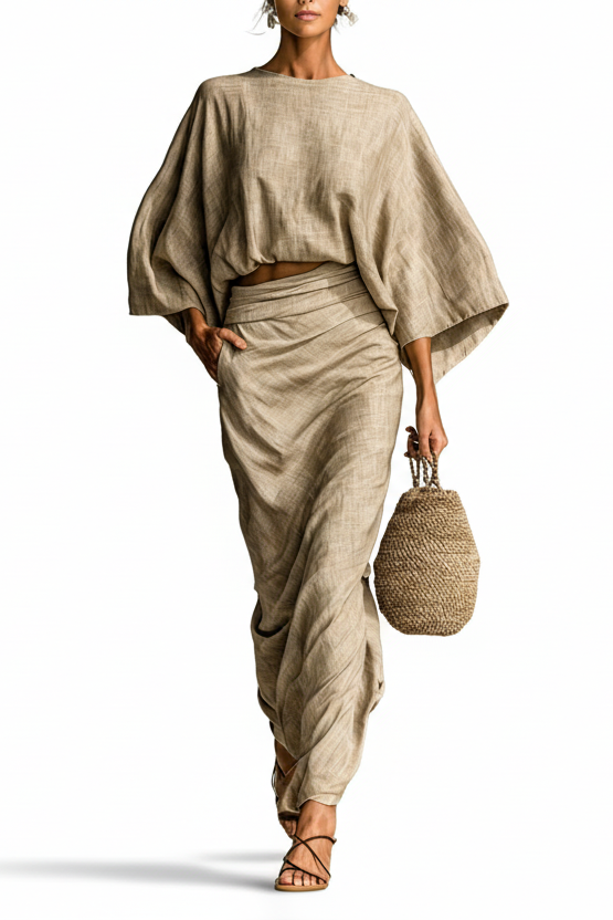 Elegante completo in lino con gonna lunga