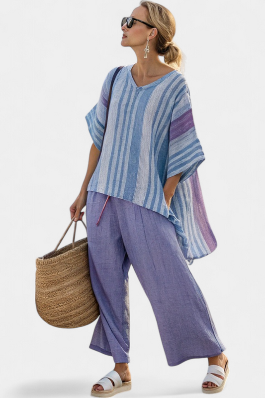 Carlotta – Top elegante color lavanda e azzurro con pantaloni di lino