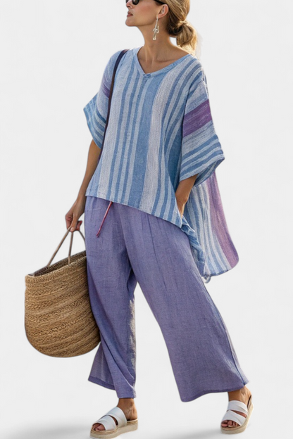 Carlotta – Top elegante color lavanda e azzurro con pantaloni di lino