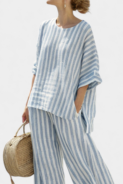 Federica — Sofisticato top in lino a righe blu e pantaloni dal taglio morbido