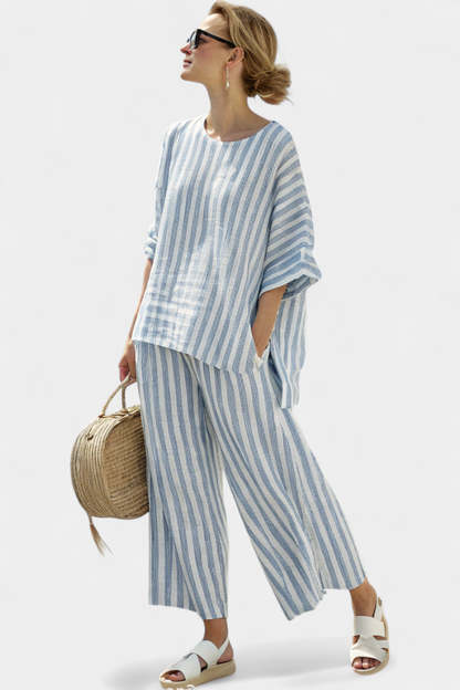 Federica — Sofisticato top in lino a righe blu e pantaloni dal taglio morbido