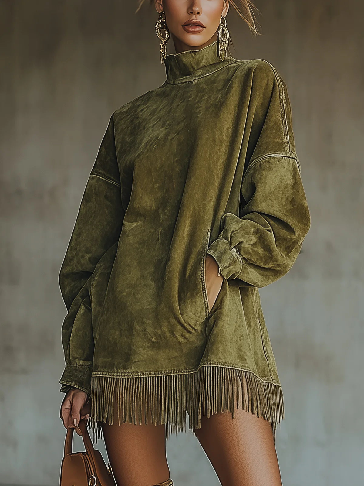 Amalia ║ Vestido de ante con cuello alto y flecos