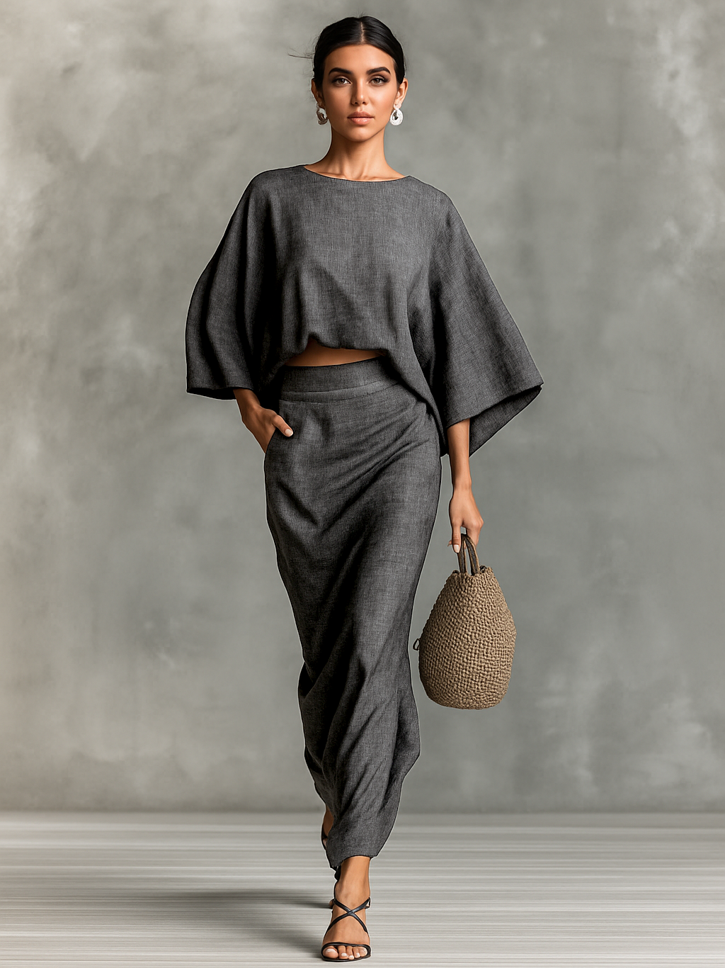 Elegante completo in lino con gonna lunga