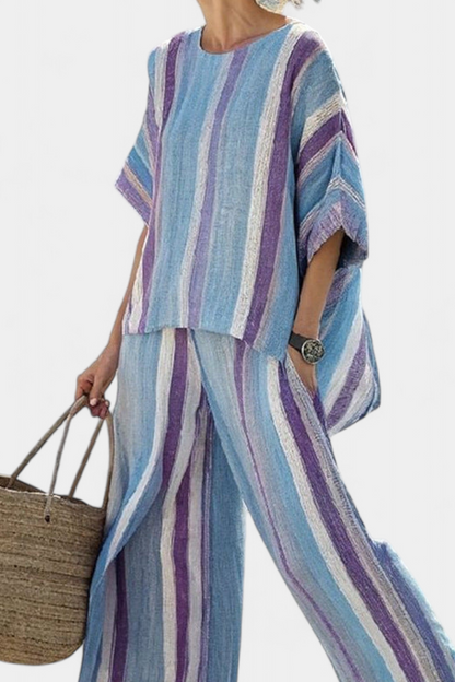 Ginevra — Top elegante color malva pastello e pantaloni di lino a righe