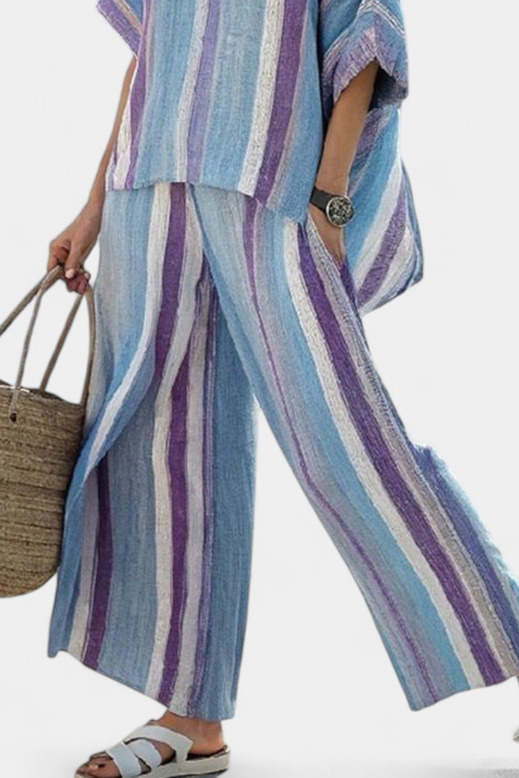 Ginevra — Top elegante color malva pastello e pantaloni di lino a righe