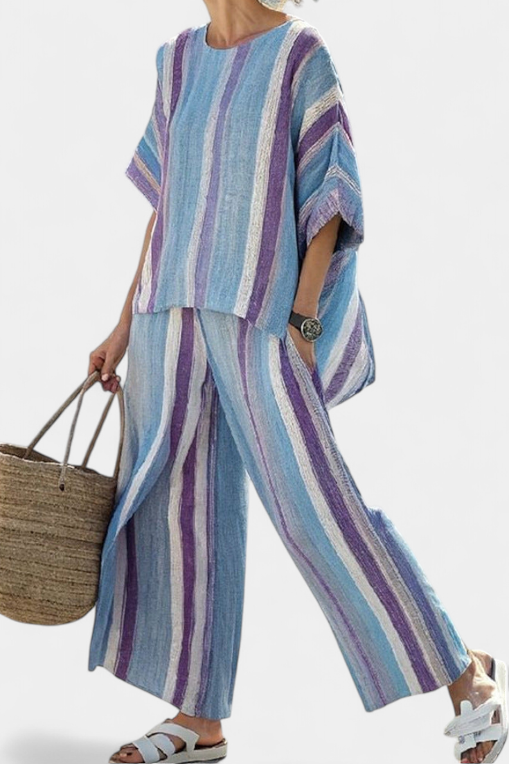 Ginevra — Top elegante color malva pastello e pantaloni di lino a righe